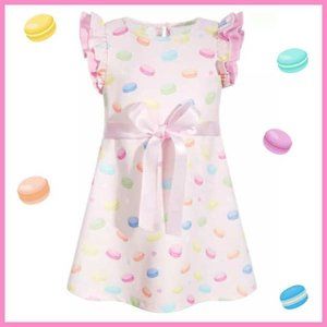 Samara Macaron Print Dress w/ Satin Ribbon, Size 12 months